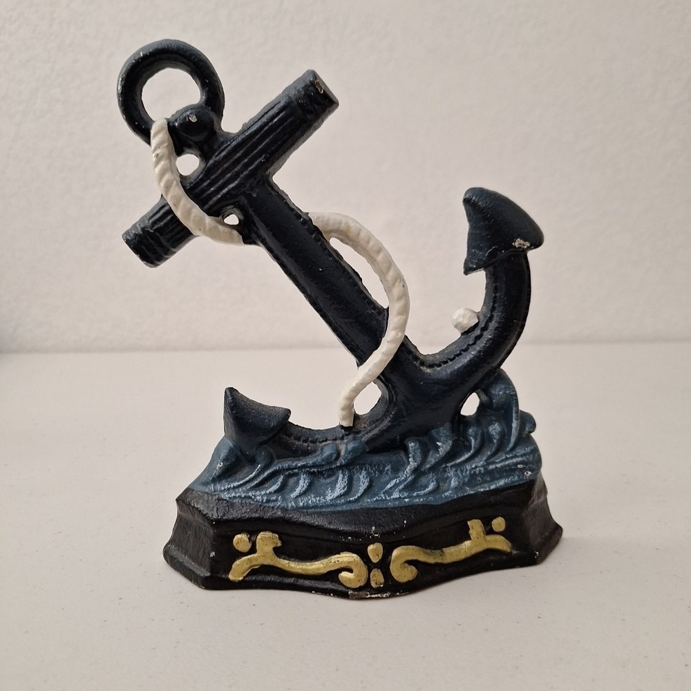 Vintage Boat Anchor Navy Blue Cast Iron Doorstop Weight Antique Finish 8.5"‎